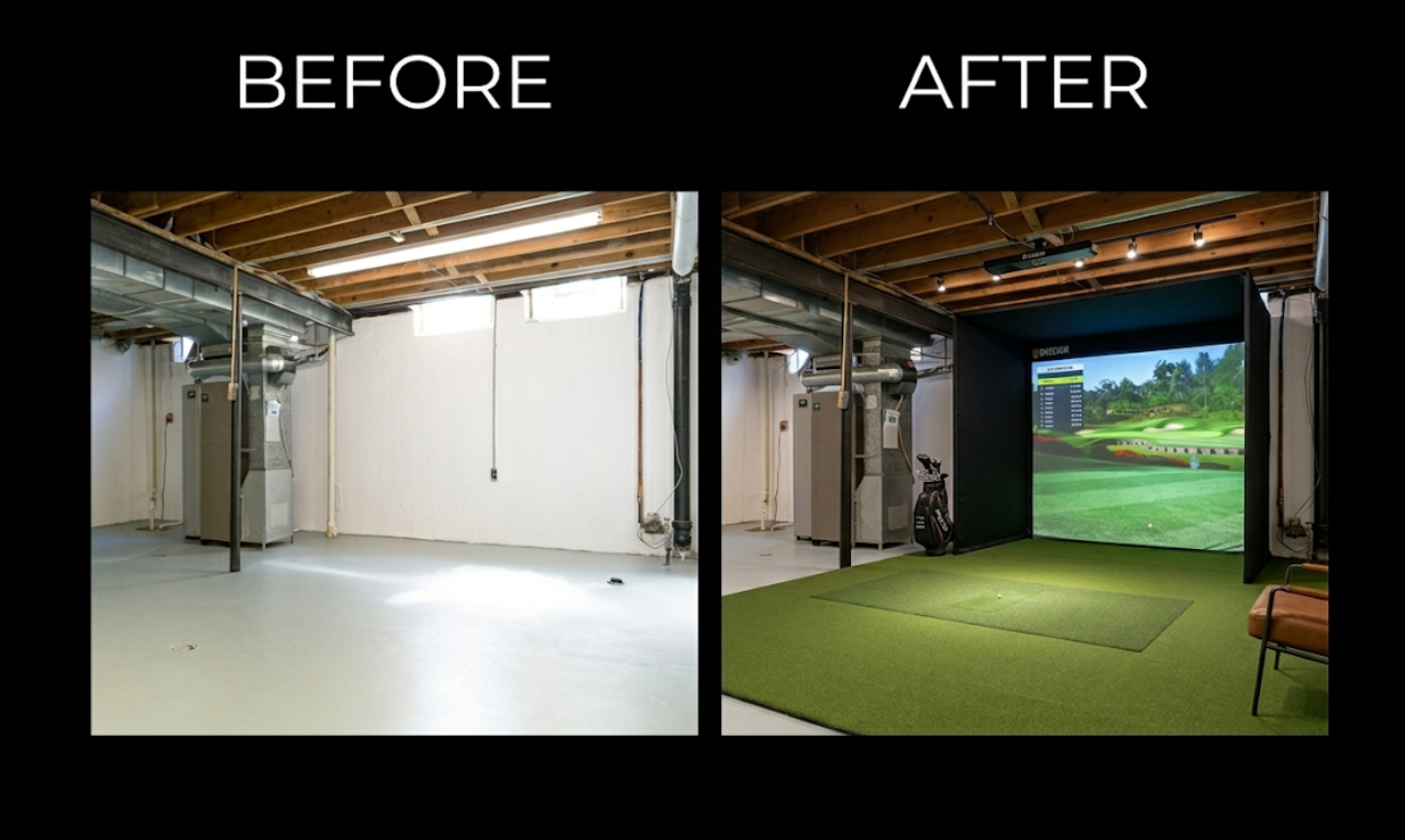 Before and after: empty basement transformed into a complete home golf simulator setup by Golf Sims Ohio